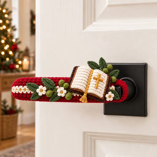 ✝️ Hand-Crocheted Christian Door Handle Covers | Soft 3D Details & Machine-Washable Design 🧶 - ✝️The Easter Lily Cross (Beige)