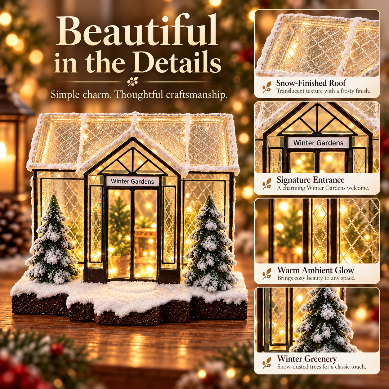 Winter Gardens™ Lighted Miniature Conservatory – Snowy Greenhouse Christmas Tabletop Decor