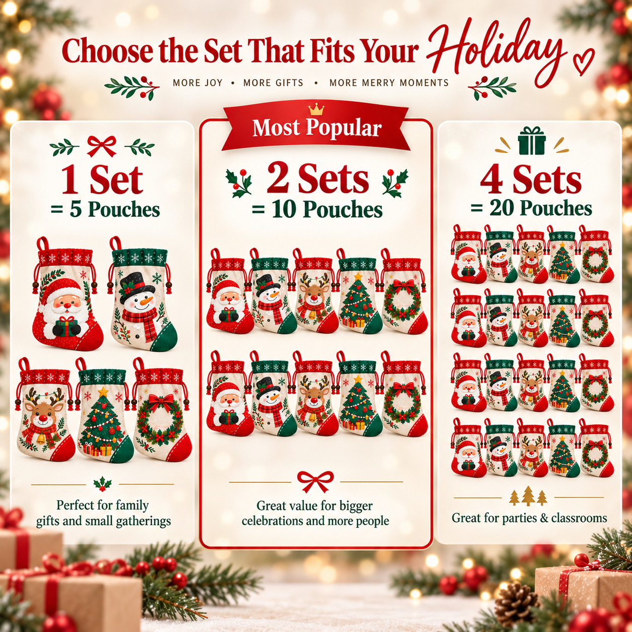Christmas Stocking Gift Pouches – 5 Festive Designs in One Set