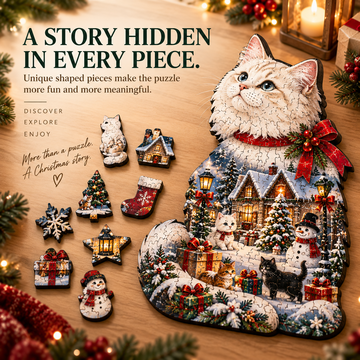 Christmas Cat Wooden Art Puzzle – A Holiday Story in Every Piece