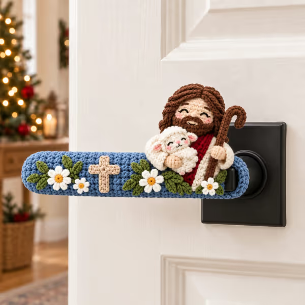 ✝️ Hand-Crocheted Christian Door Handle Covers | Soft 3D Details & Machine-Washable Design 🧶 - ✝️The Easter Lily Cross (Beige)