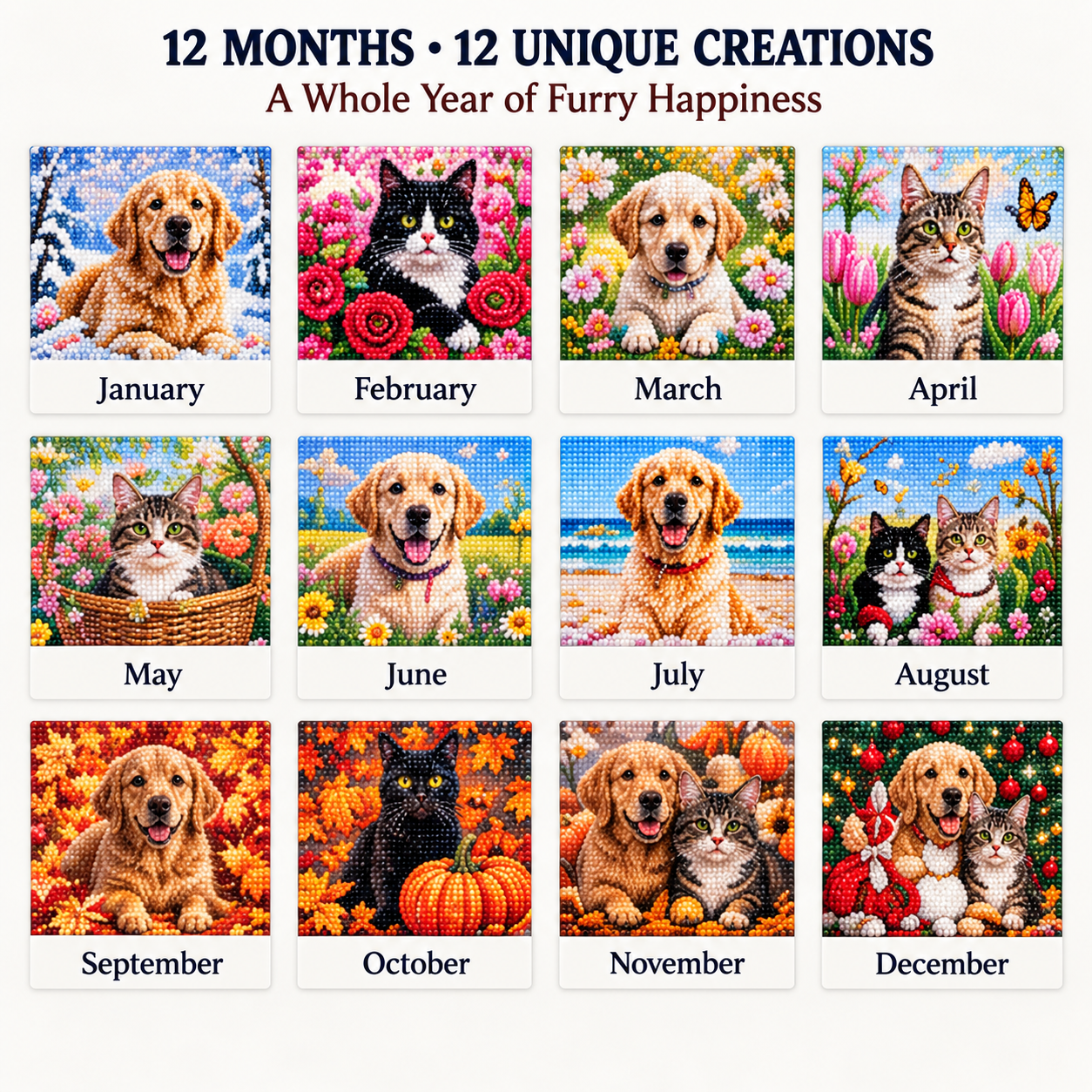 2027 Paws Through the Year™ Diamond Painting Calendar – 12 Unique Monthly Designs