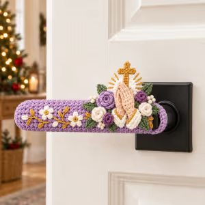 ✝️ Hand-Crocheted Christian Door Handle Covers | Soft 3D Details & Machine-Washable Design 🧶 - ✝️The Easter Lily Cross (Beige)