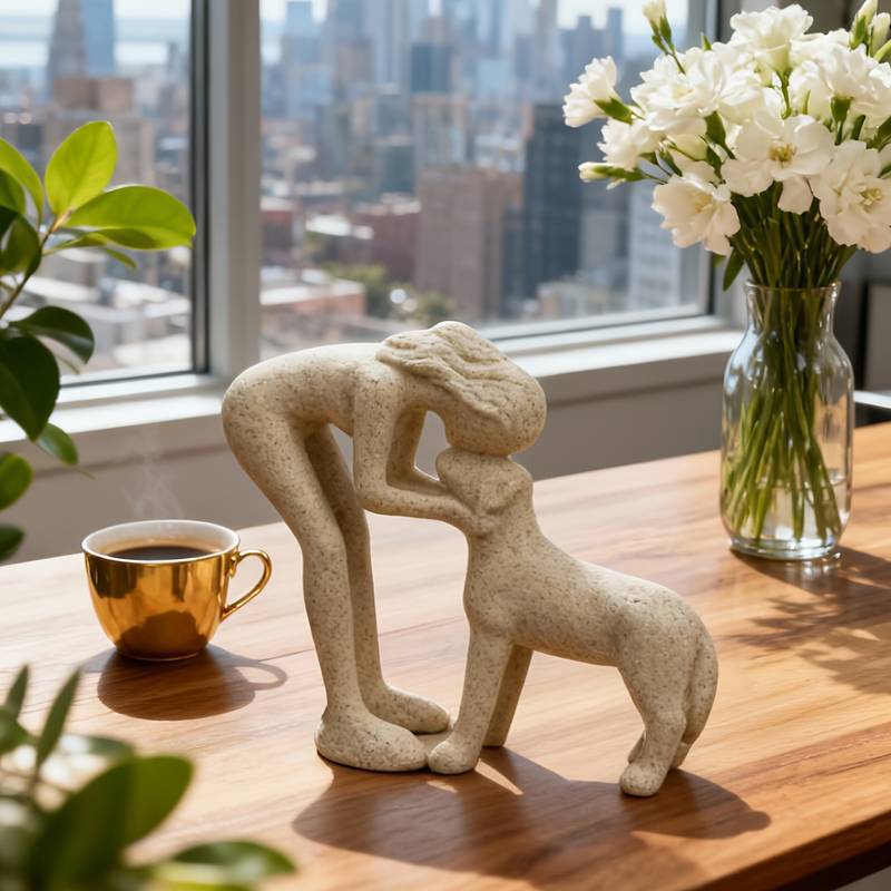 Woman & Dog Love Sculpture – Modern Abstract Dog Lover Home Décor