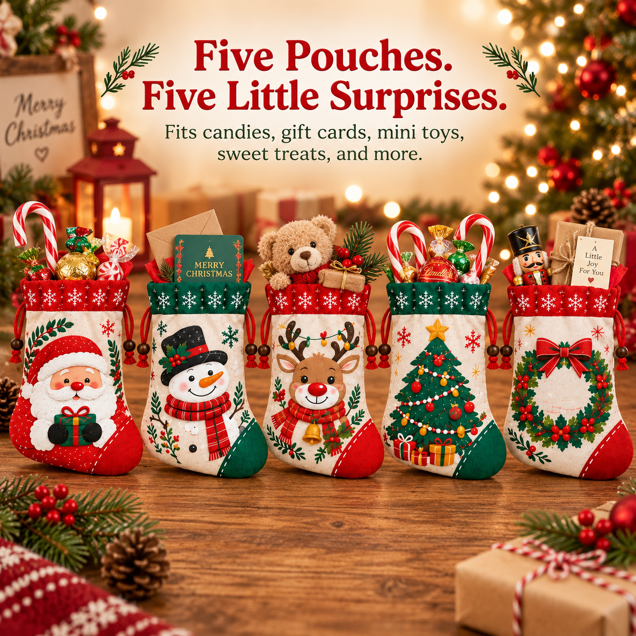 Christmas Stocking Gift Pouches – 5 Festive Designs in One Set