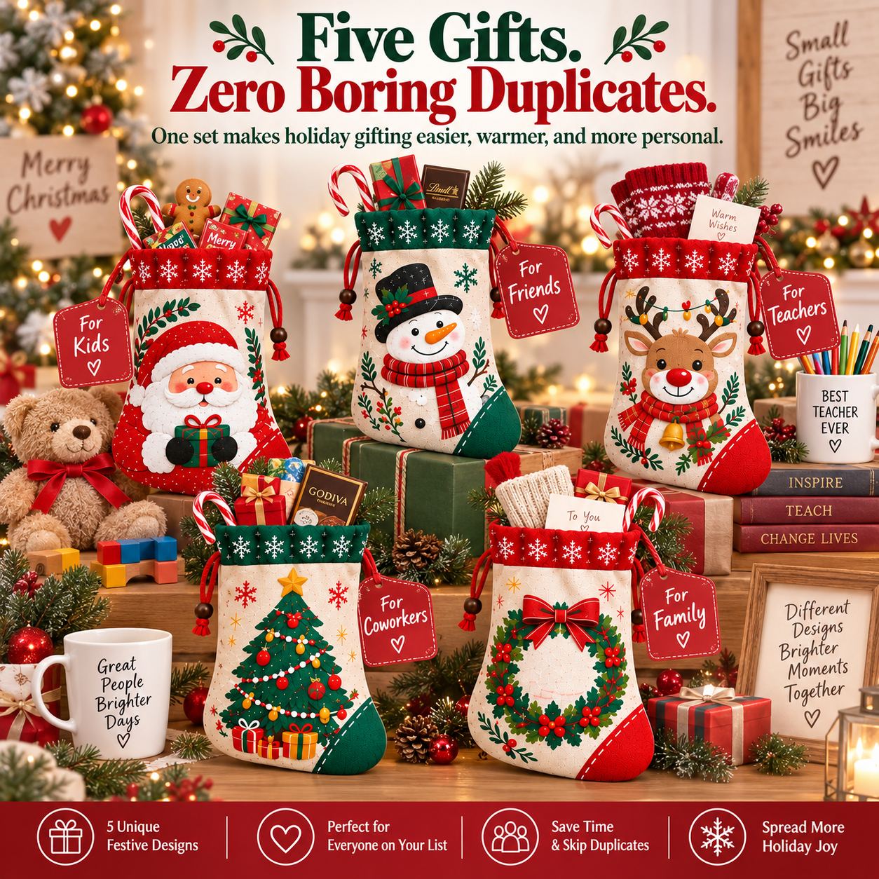Christmas Stocking Gift Pouches – 5 Festive Designs in One Set