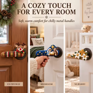 ✝️ Hand-Crocheted Christian Door Handle Covers | Soft 3D Details & Machine-Washable Design 🧶 - ✝️The Easter Lily Cross (Beige)