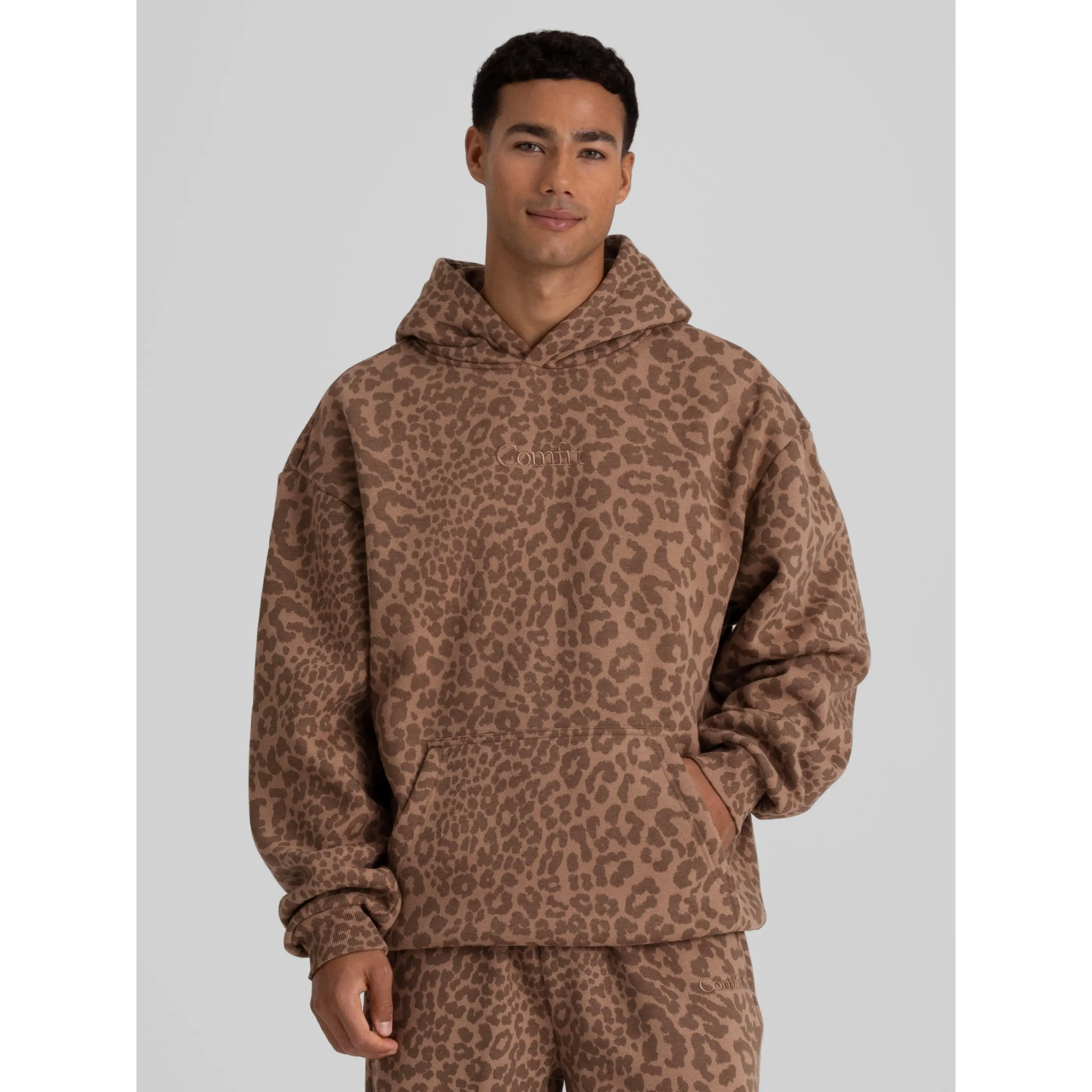 Comfrt | Signature Hoodie - Mega | Soft Comfy Roomy Everyday Essential Unisex Hoodie - Mocha Leopard - XL