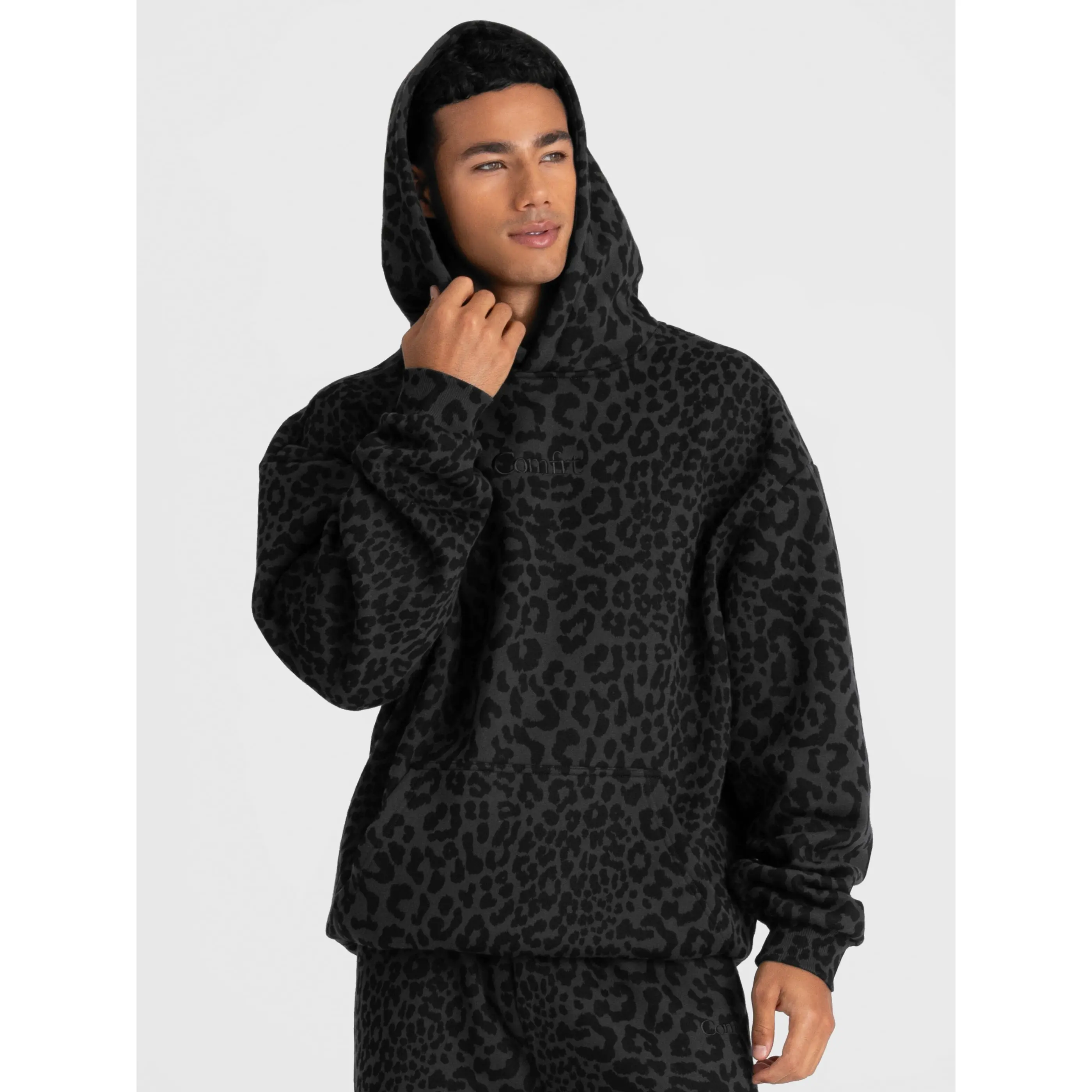 Comfrt | Signature Hoodie - Mega | Soft Comfy Roomy Everyday Essential Unisex Hoodie - Midnight Leopard - M