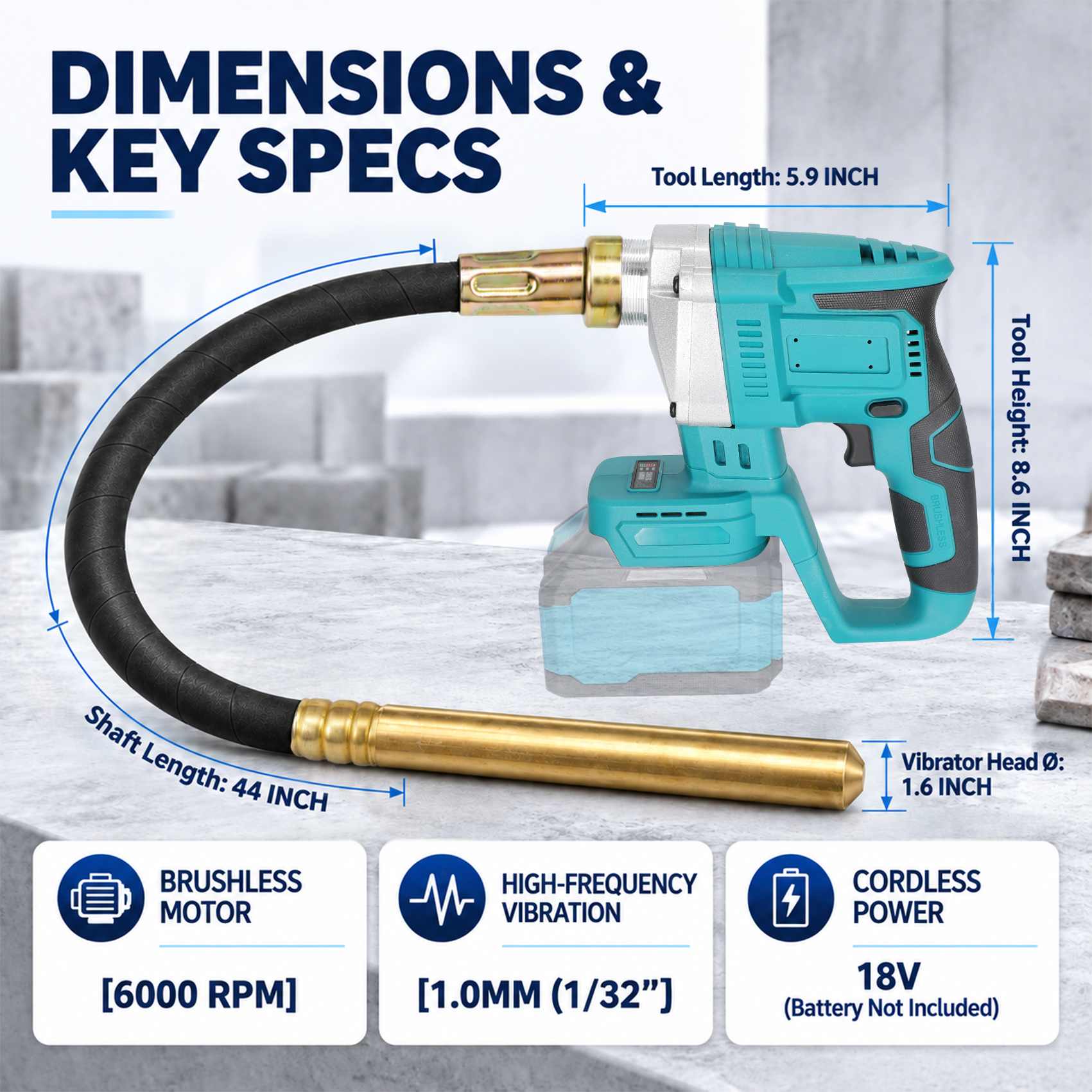 Handheld Cordless Concrete Vibrating Tool 3.8ft Vibrator Shaft Rod