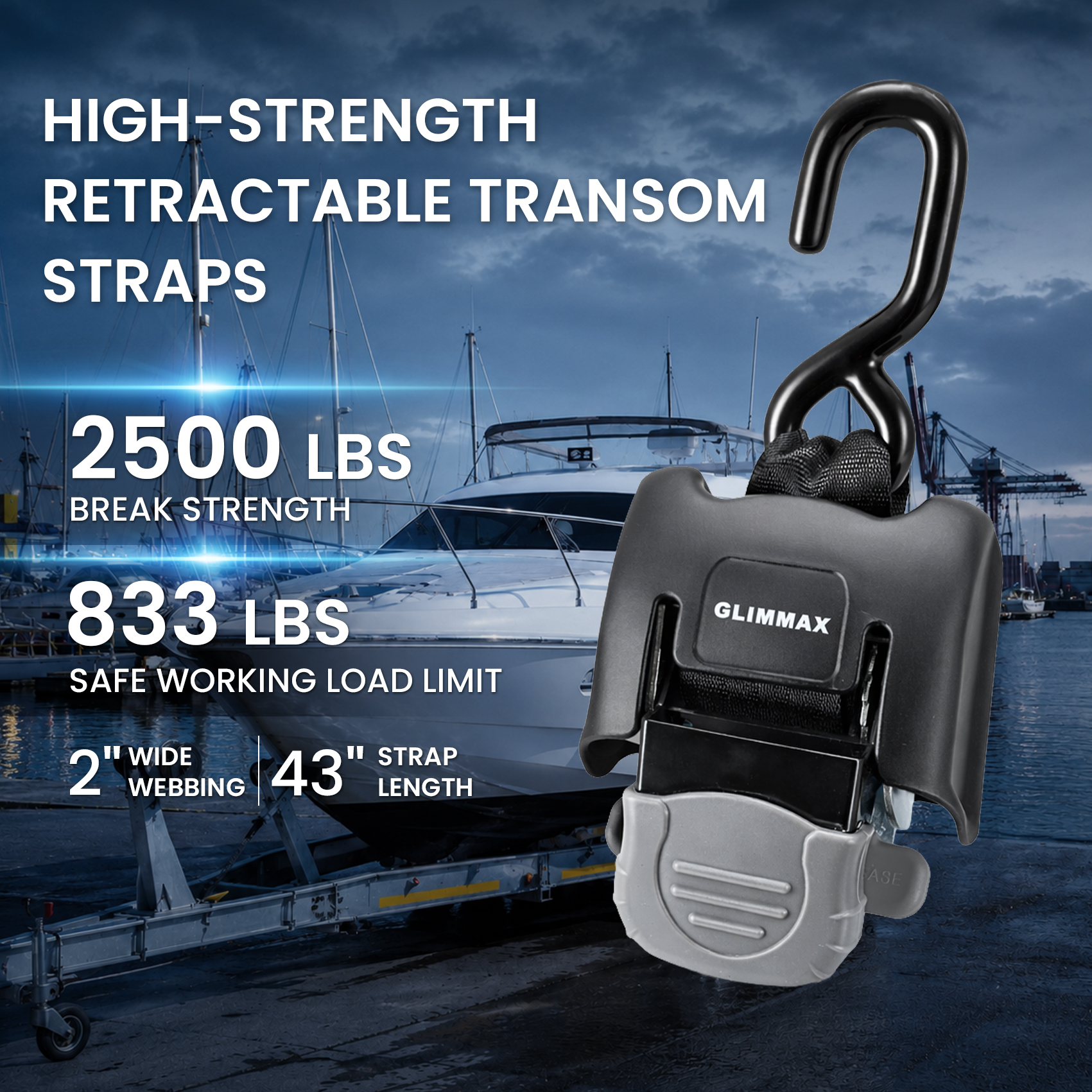 Retractable Boat Transom Tie Down Straps, 2-Pack 2x43in 2500lb