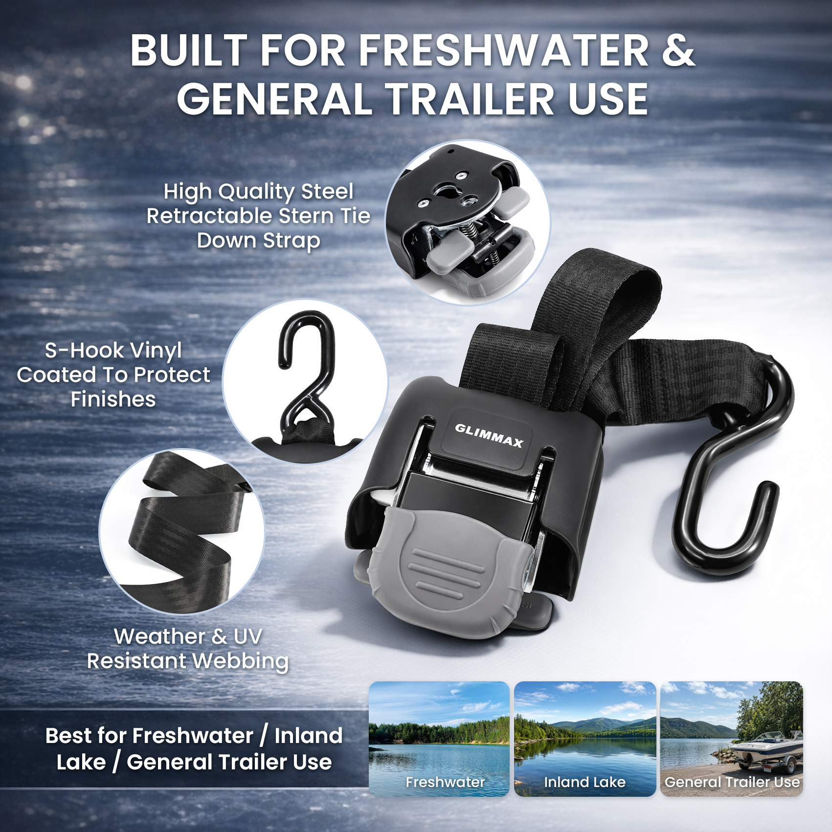 Retractable Boat Transom Tie Down Strap, 1-Pack 2x43in 2500lb