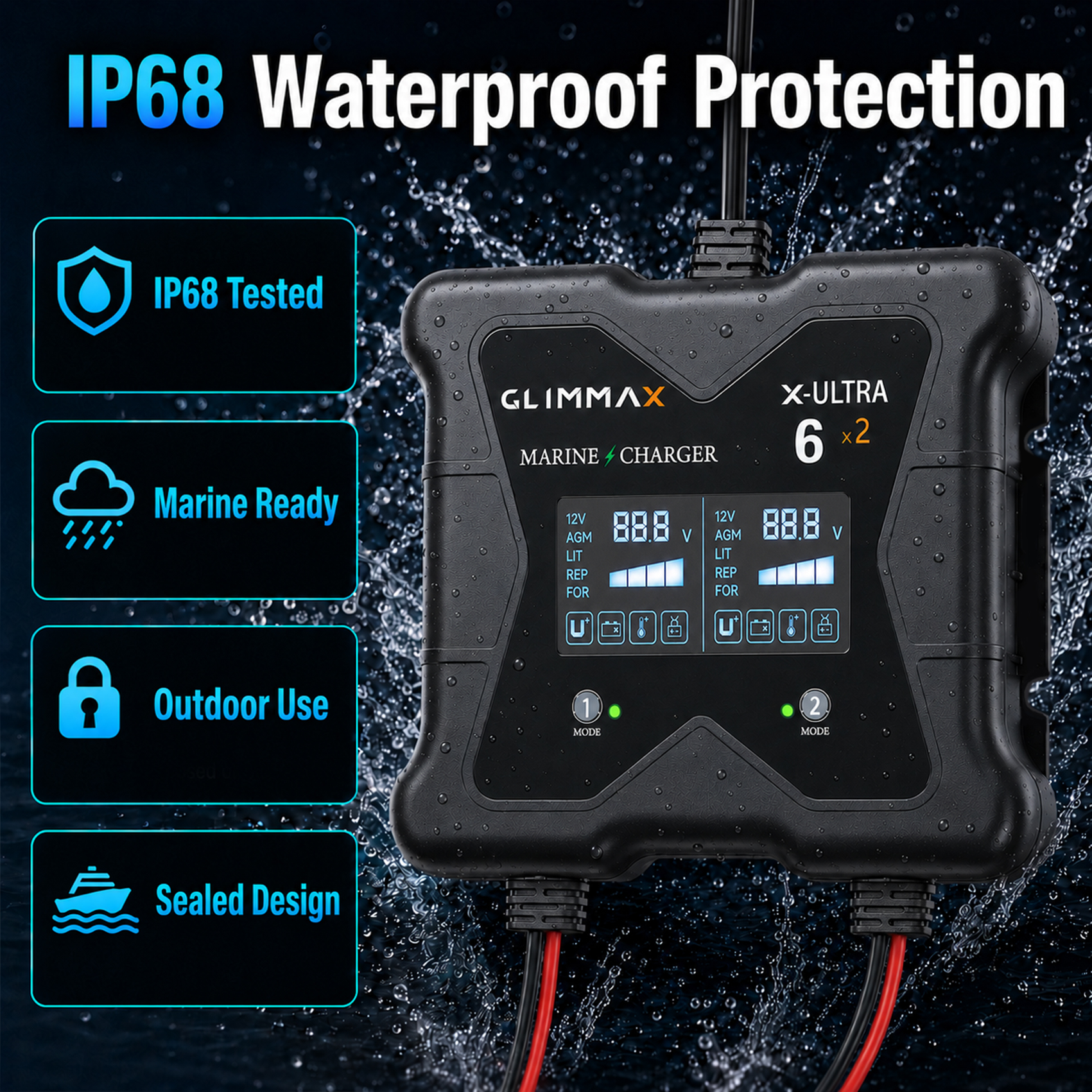 2 Bank Onboard Marine Battery Charger, 12V 6A/Bank IP68 Waterproof