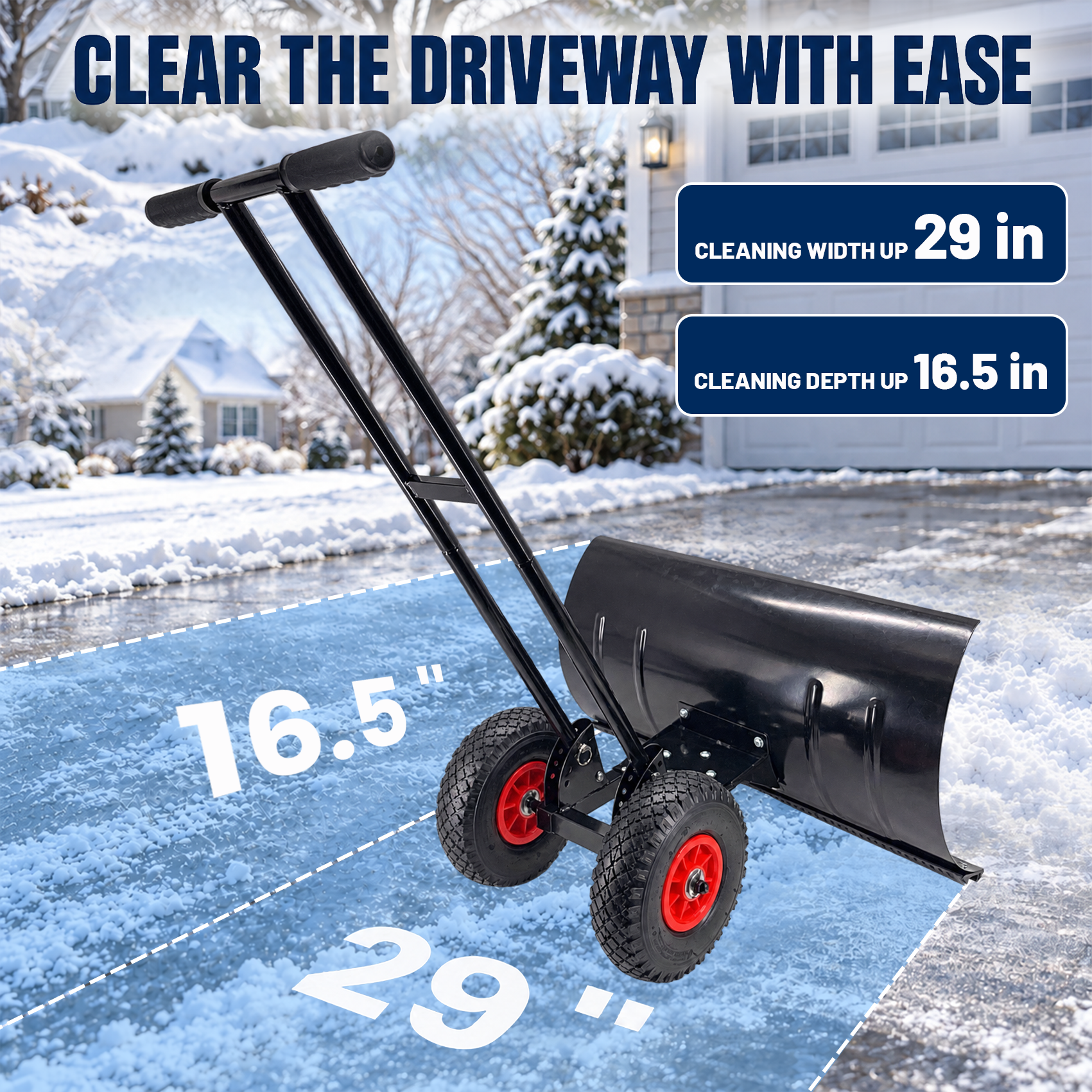 29x16.5 in Snow Shovel with Wheels Heavy Duty Snow Shovel Pusher and Plow
