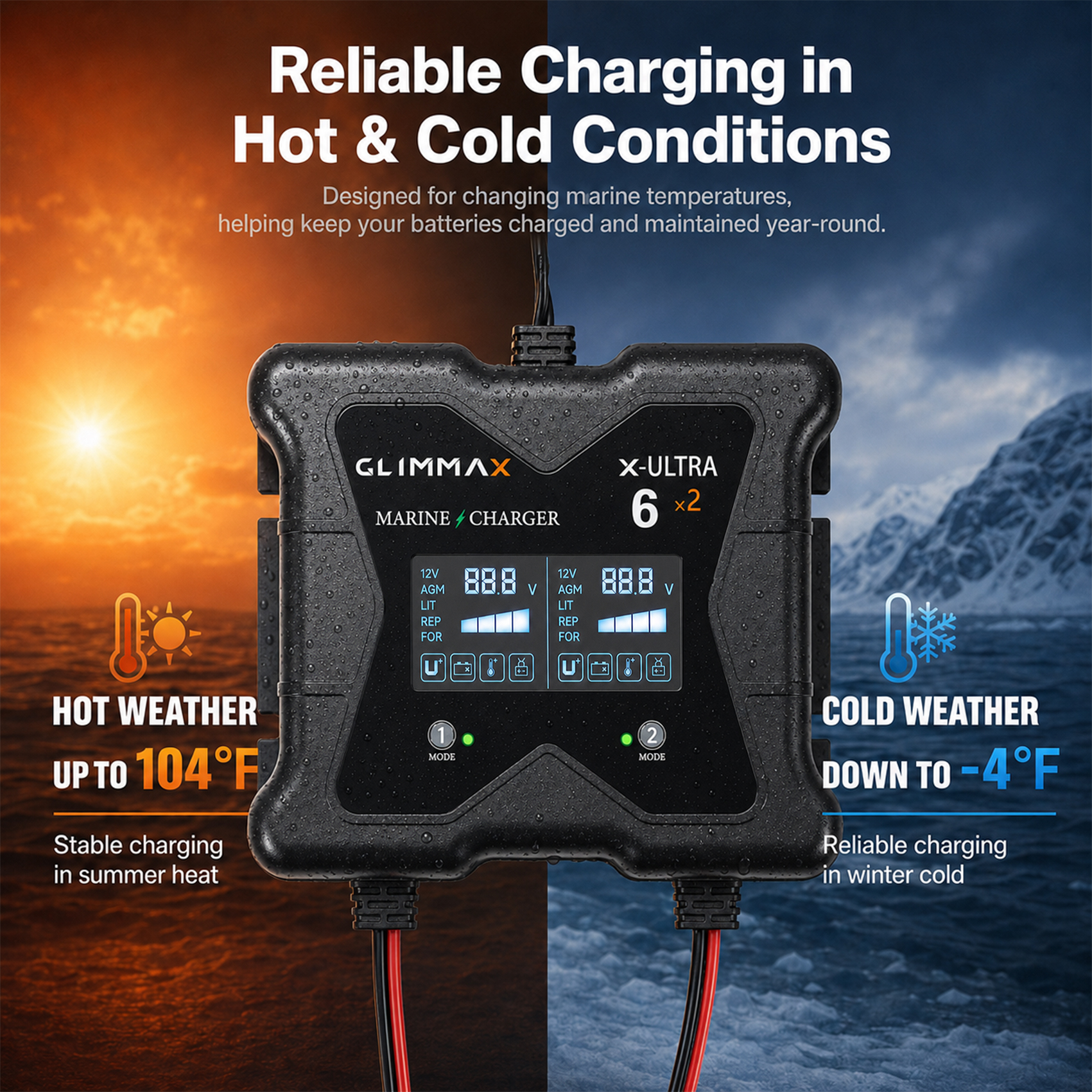 2 Bank Onboard Marine Battery Charger, 12V 6A/Bank IP68 Waterproof