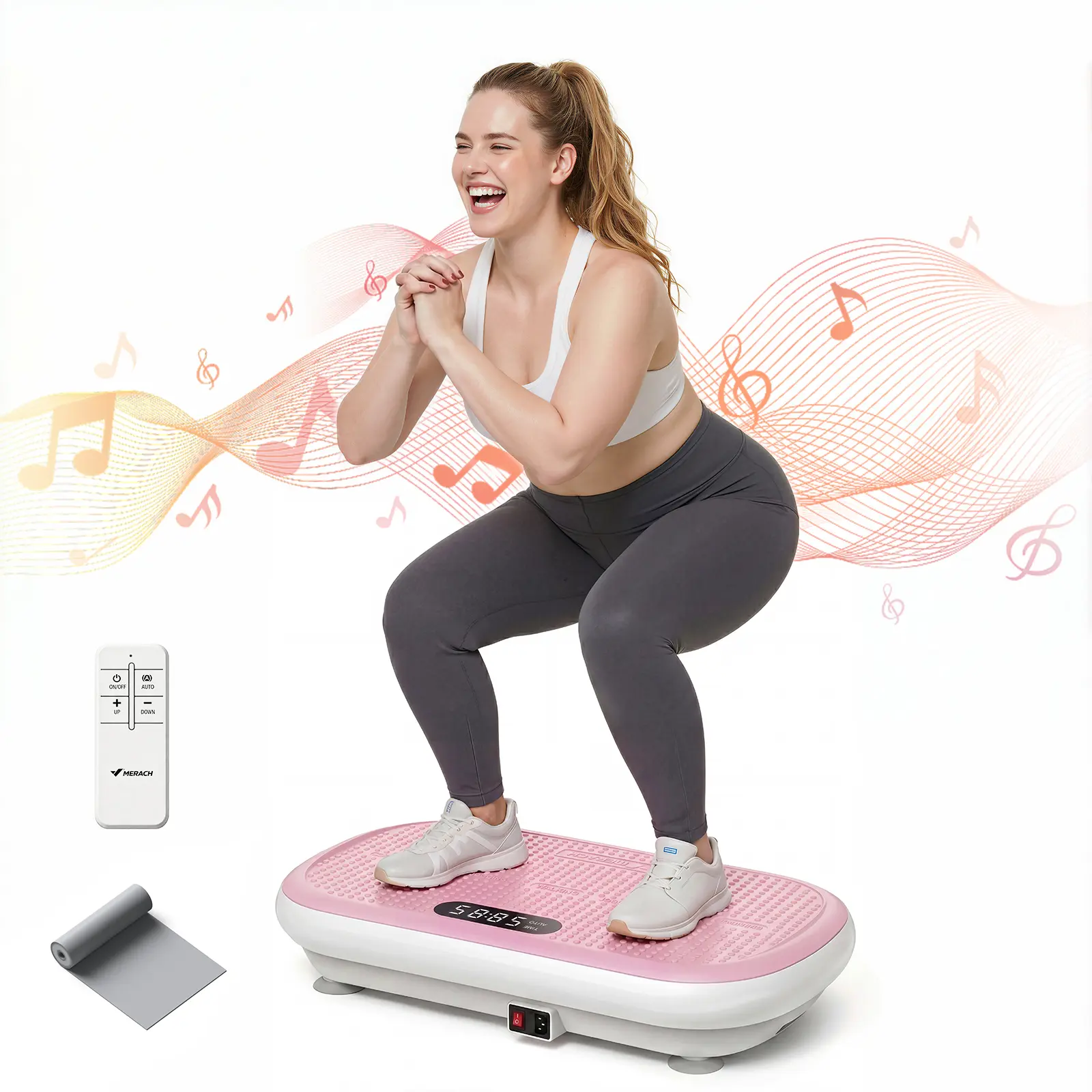 Máquina de fitness vibratoria de alta potencia Merach — Capacidad de carga de 440 lb, control remoto Bluetooth, 4 modos de ejercicio; equipo especializado para tu gimnasio en casa: esculpe un físico espectacular para el verano.