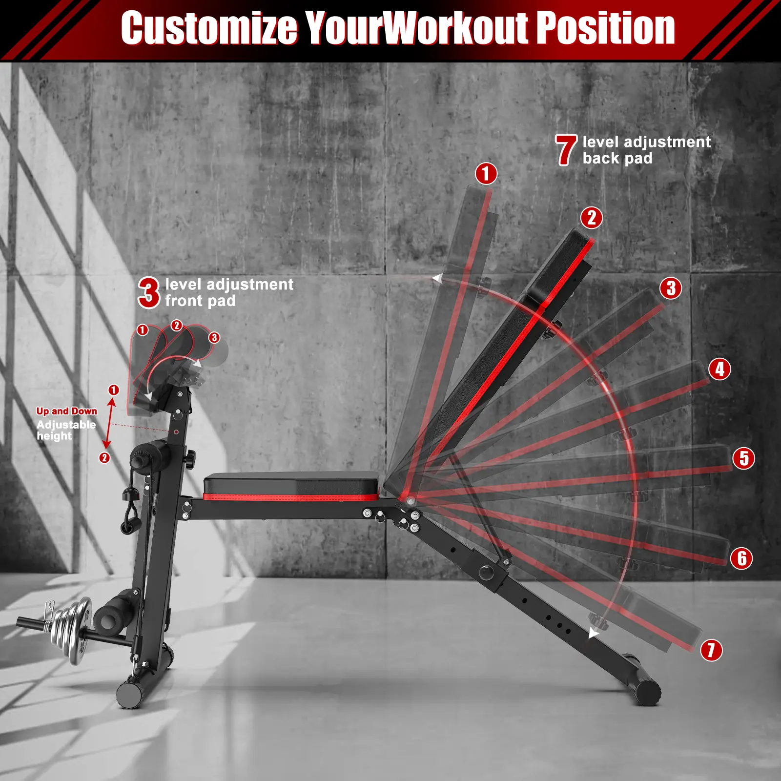 Bearbro Banco de pesas ajustable de 770 lb — Banco de entrenamiento plegable para press, ideal para el entrenamiento de fuerza de cuerpo completo; banco inclinable y declinable con sistema de plegado rápido.