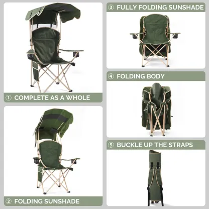 Wide Folding Camping Chair with Sun Shade – Portable Outdoor Chair with 2 Cup Holders