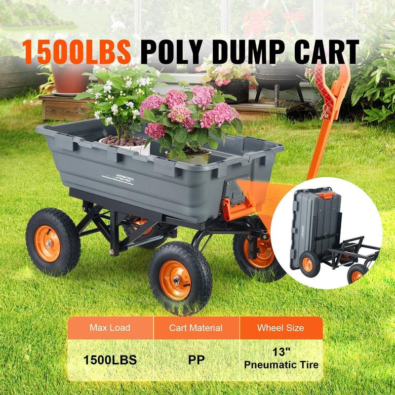Poly Garden Dump Cart – 600-1500 Lbs Capacity, 2-in-1 Utility Wagon with Steel Frame
