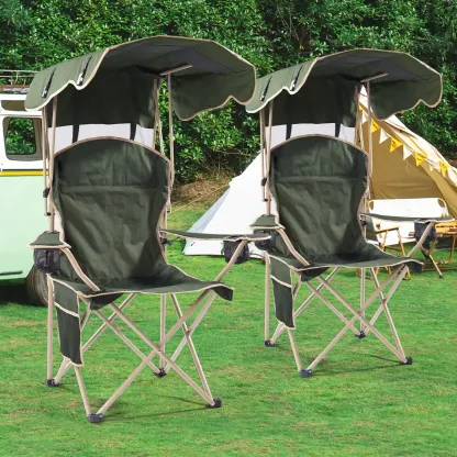 Wide Folding Camping Chair with Sun Shade – Portable Outdoor Chair with 2 Cup Holders