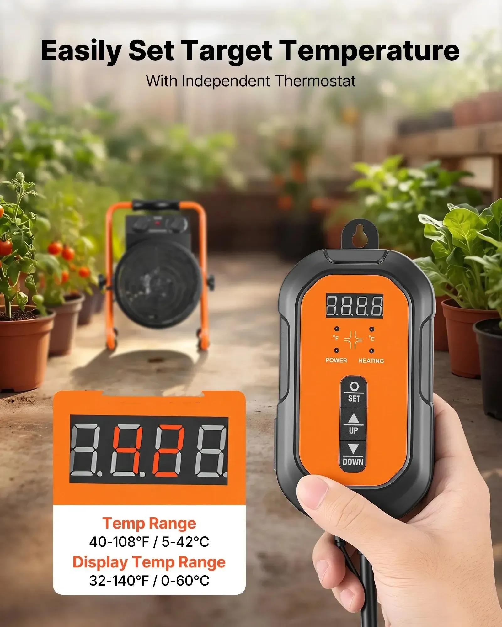 1500W Electric Greenhouse Heater – Digital Temperature Control, IPX4 Waterproof