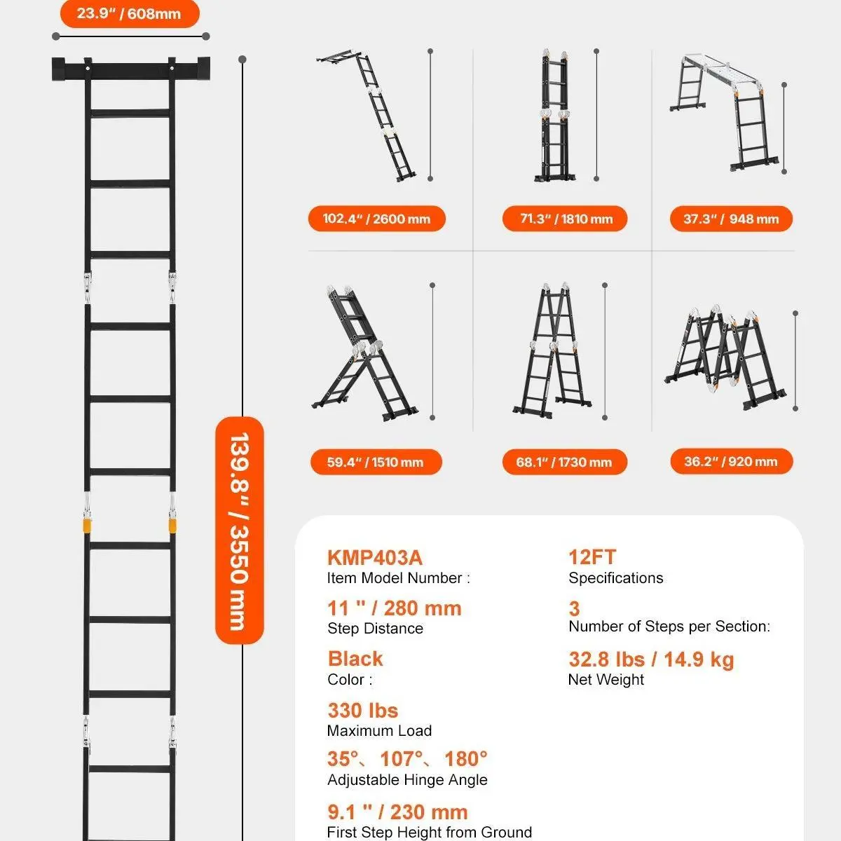 7-in-1 Folding Extension Ladder – 19 Ft, 330 Lbs Capacity, Multi-Position Aluminum Ladder