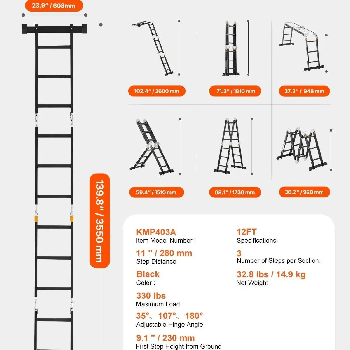 7-in-1 Folding Extension Ladder – 19 Ft, 330 Lbs Capacity, Multi-Position Aluminum Ladder