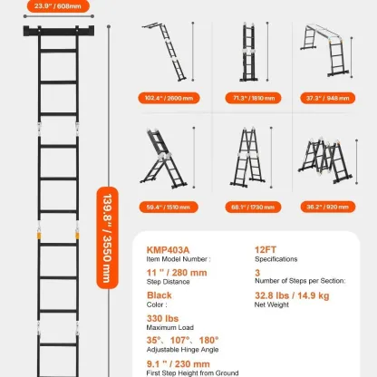 7-in-1 Folding Extension Ladder – 19 Ft, 330 Lbs Capacity, Multi-Position Aluminum Ladder
