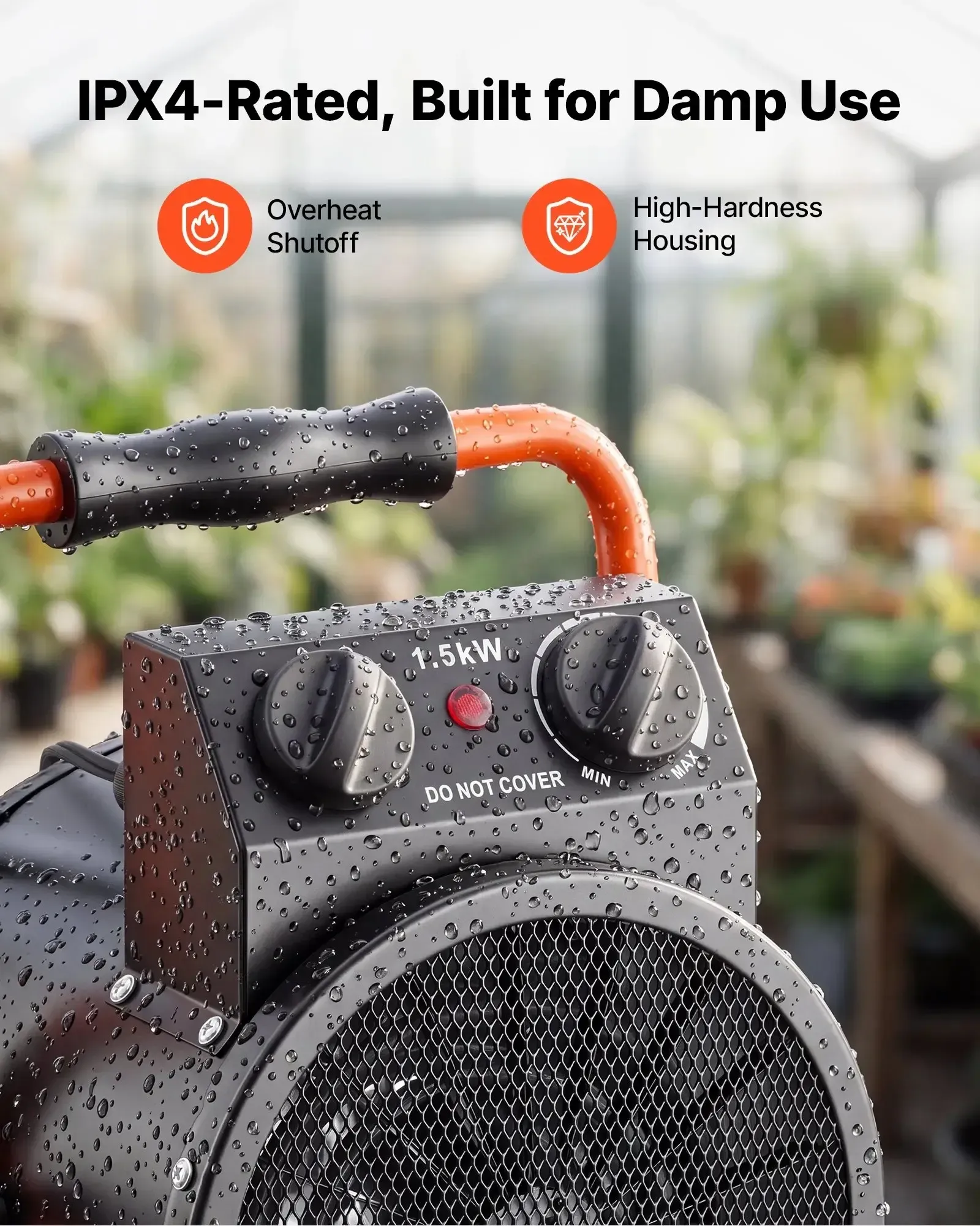 1500W Electric Greenhouse Heater – Digital Temperature Control, IPX4 Waterproof