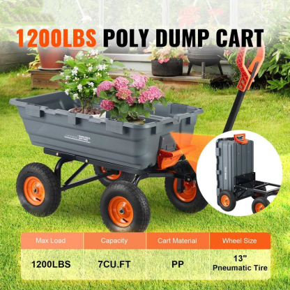 Poly Garden Dump Cart – 600-1500 Lbs Capacity, 2-in-1 Utility Wagon with Steel Frame