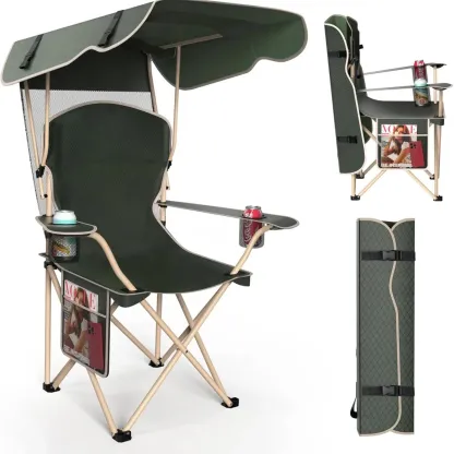 Wide Folding Camping Chair with Sun Shade – Portable Outdoor Chair with 2 Cup Holders
