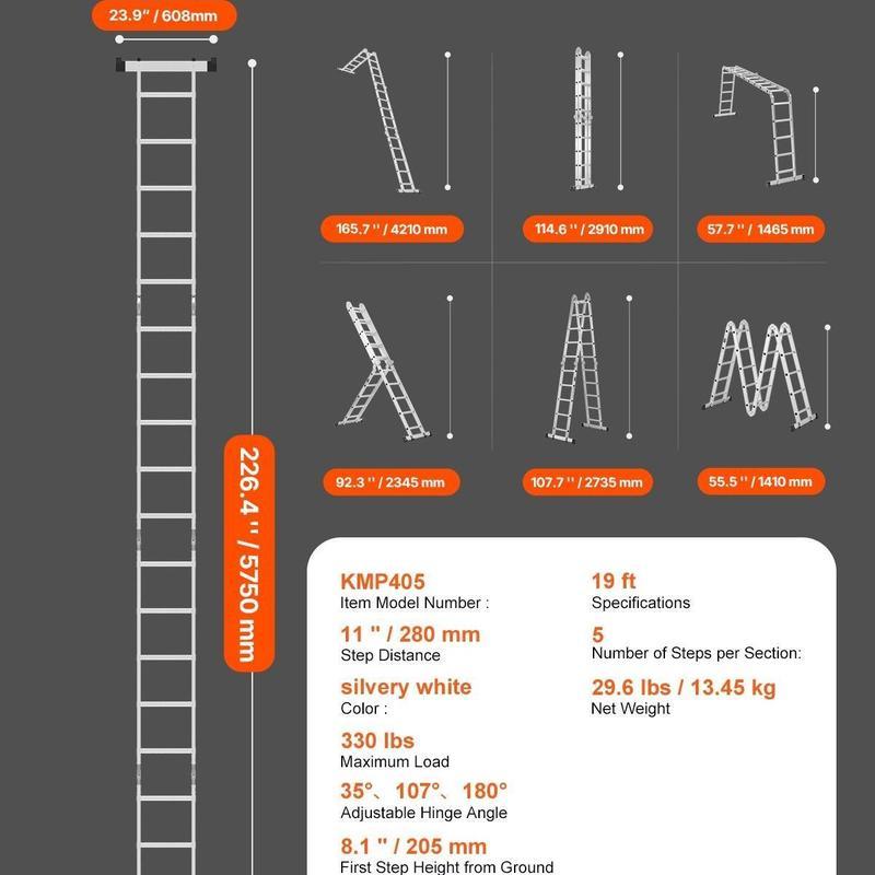 7-in-1 Folding Extension Ladder – 19 Ft, 330 Lbs Capacity, Multi-Position Aluminum Ladder