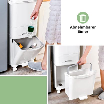 Cubo de Basura para Reciclaje 43,2 L | 3 Compartimentos, Pedal, Tapa y Ruedas para Cocina