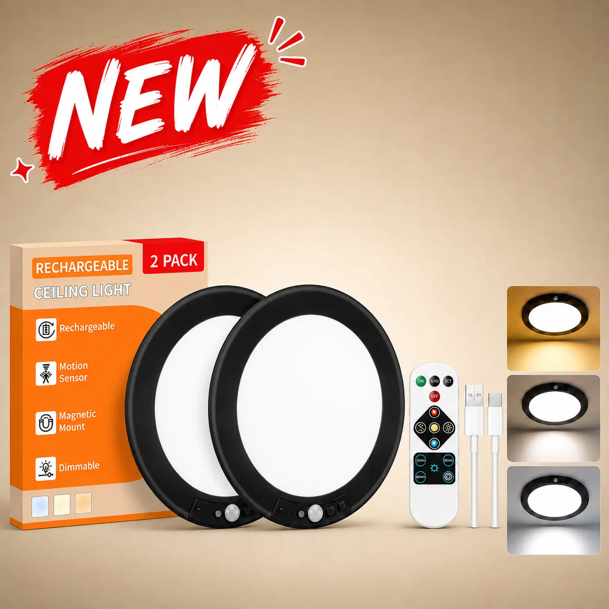 Lámparas de techo LED recargables GIVRYES, paquete de 2, 3 modos de color, sensor de movimiento con control remoto, iluminación inalámbrica magnética a batería, sensor automático y puerto de carga para armario, porche, luces LED