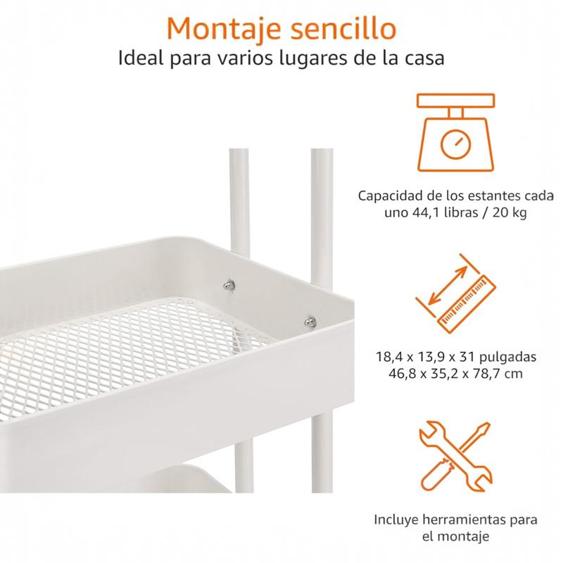 Carrito Auxiliar con Ruedas de 3 Niveles, Carro Organizador Multiuso para Cocina, Baño, Dormitorio y Oficina