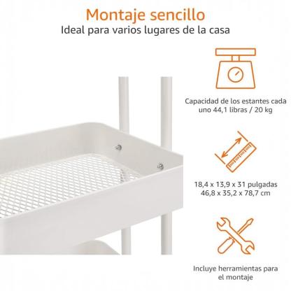 Carrito Auxiliar con Ruedas de 3 Niveles, Carro Organizador Multiuso para Cocina, Baño, Dormitorio y Oficina
