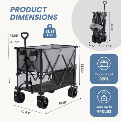Sweetcrispy Carro Plegable de Exterior 320L, Carro de Transporte de Doble Nivel con Frenos, Capacidad de 200 kg, Ruedas Grandes Todo Terreno, Asa Ajustable, Compacto y Fácil de Guardar para Camping, Playa y Compras