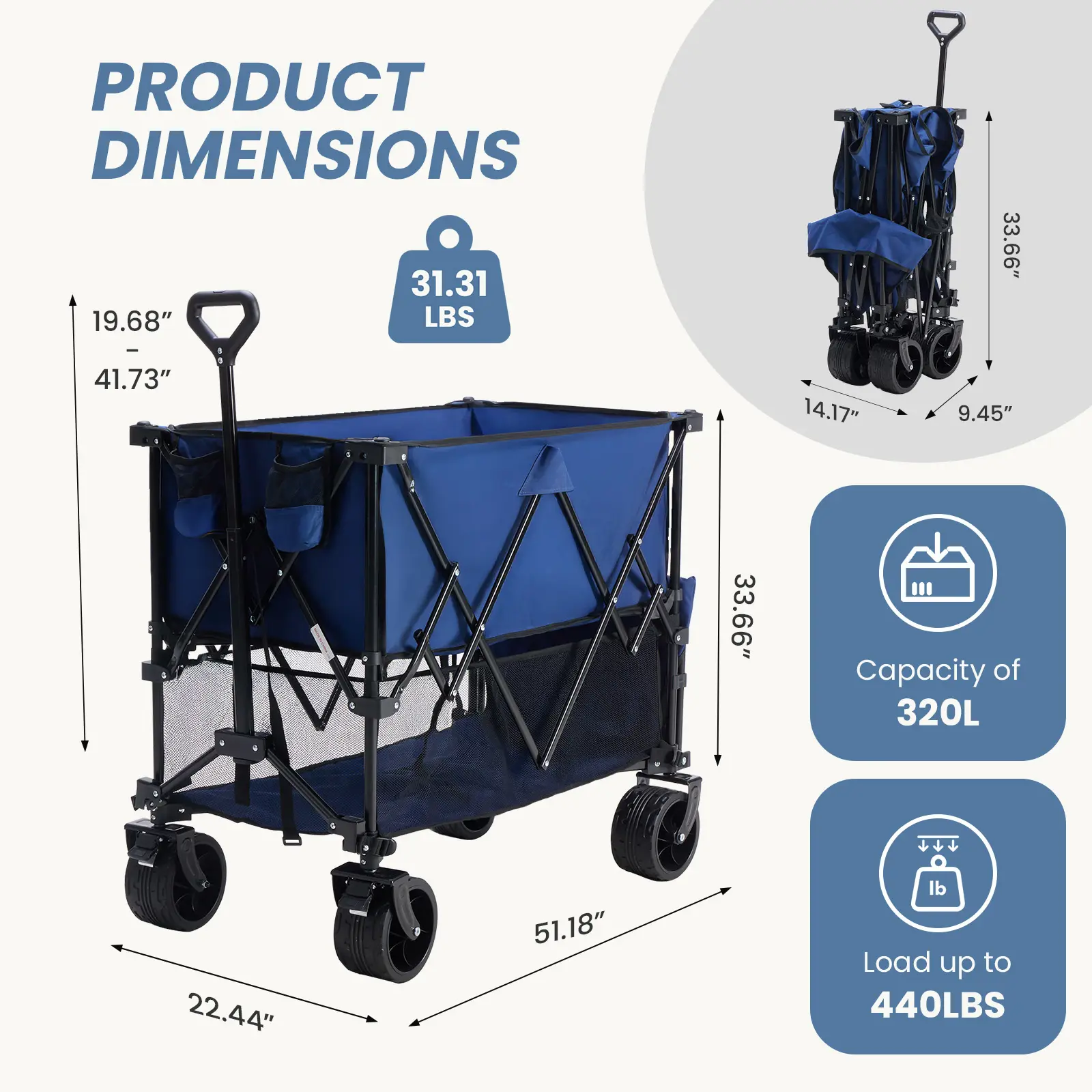 Sweetcrispy Carro Plegable de Exterior 320L, Carro de Transporte de Doble Nivel con Frenos, Capacidad de 200 kg, Ruedas Grandes Todo Terreno, Asa Ajustable, Compacto y Fácil de Guardar para Camping, Playa y Compras