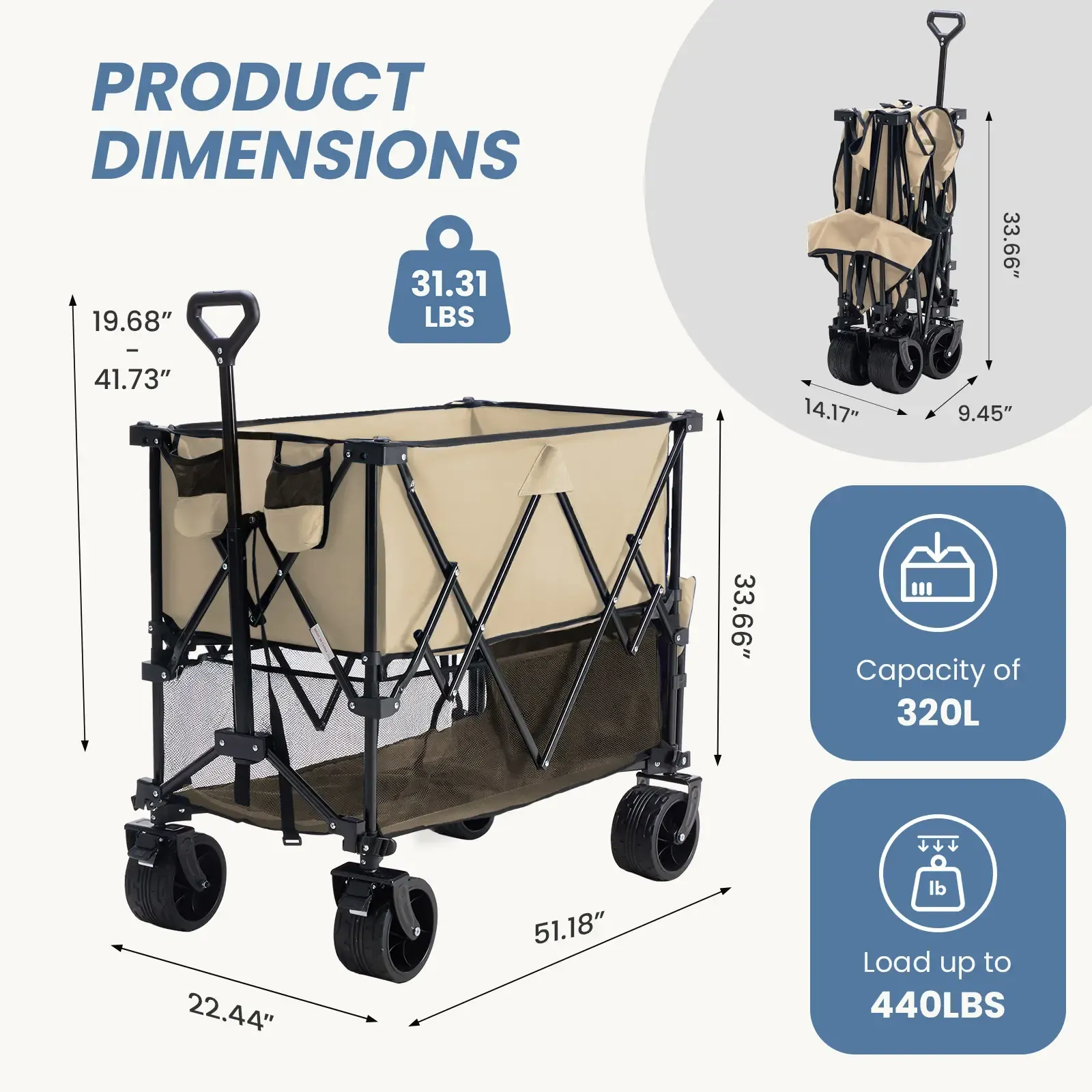 Sweetcrispy Carro Plegable de Exterior 320L, Carro de Transporte de Doble Nivel con Frenos, Capacidad de 200 kg, Ruedas Grandes Todo Terreno, Asa Ajustable, Compacto y Fácil de Guardar para Camping, Playa y Compras