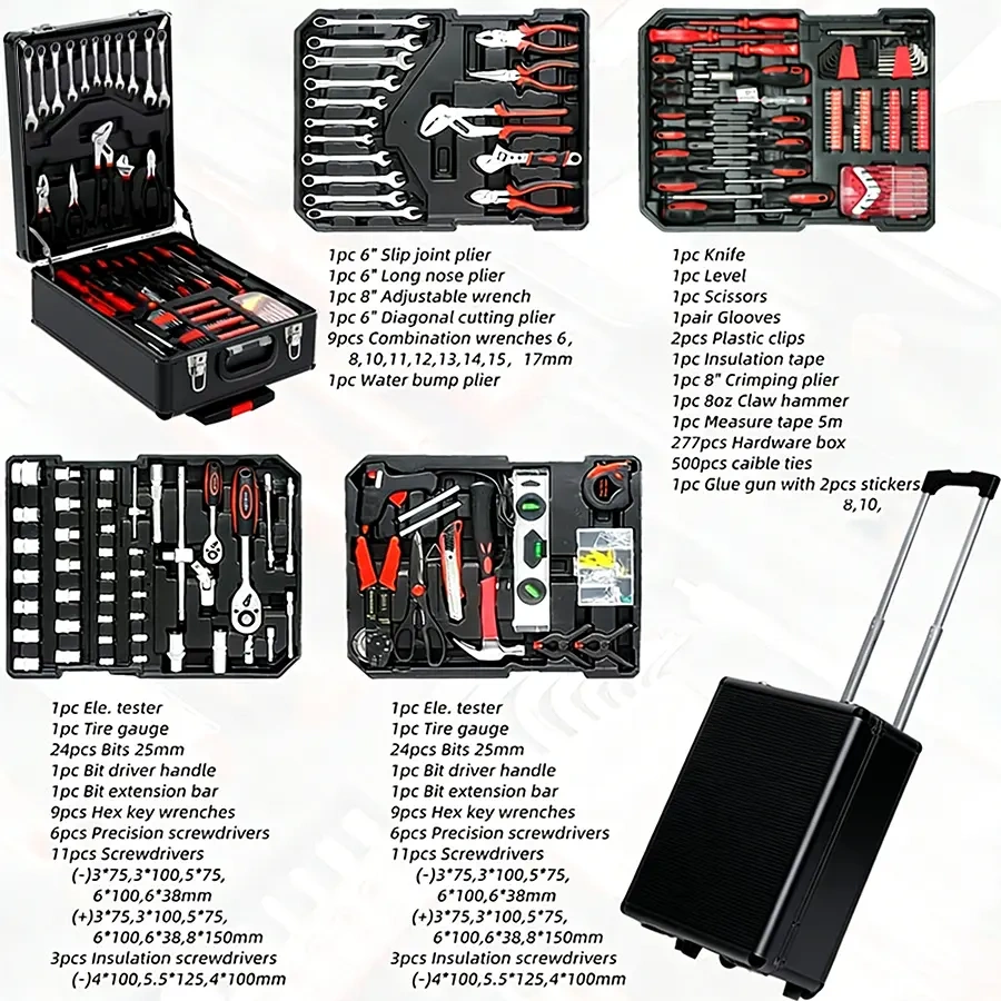 Kit de Herramientas 899 Piezas con Carro de Herramientas con Ruedas y Maletín Metálico, Organizador de 4 Niveles, Ideal para Reparación y Bricolaje