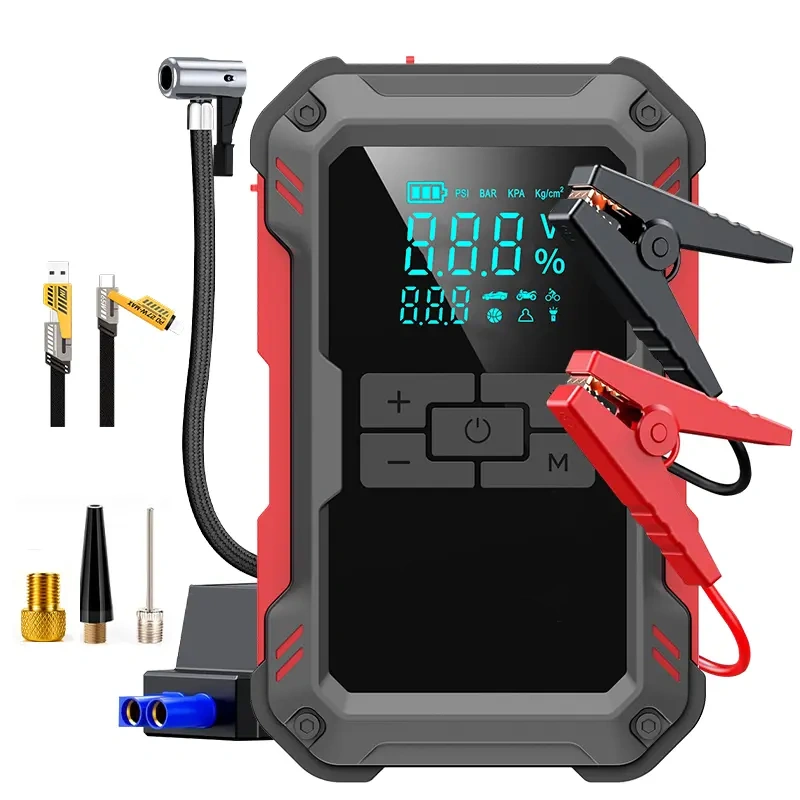 Arrancador Portátil 15000mAh con Compresor 150 PSI, Inflador de Neumáticos, Carga Rápida 18W y Luz LED para Coche, SUV, Moto y Camión 12V