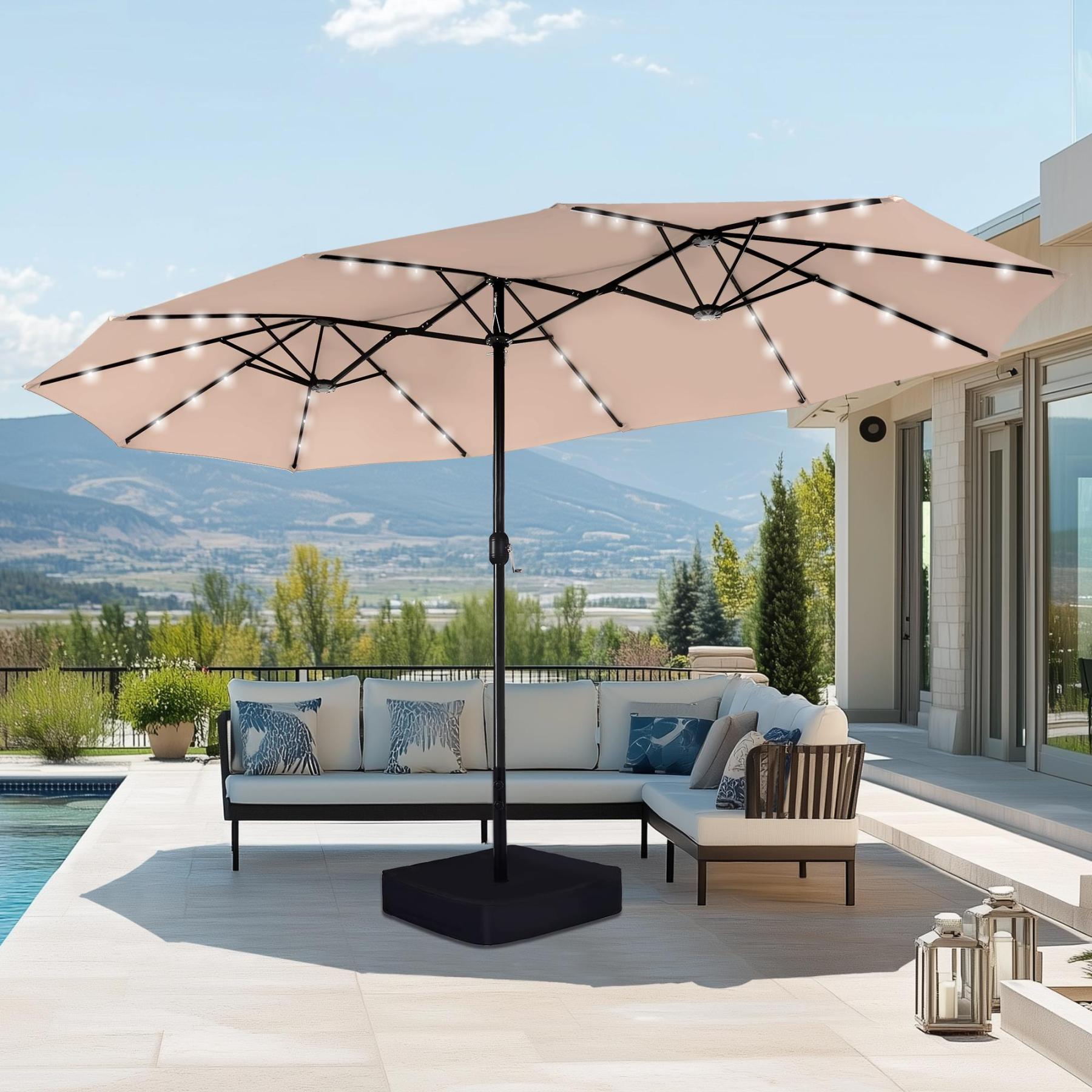 Sombrilla Grande Doble para Exterior 4,6 m con Base, Resistente al Agua, Sistema de Manivela e Iluminación LED, Ideal para Jardín, Terraza, Patio y Piscina