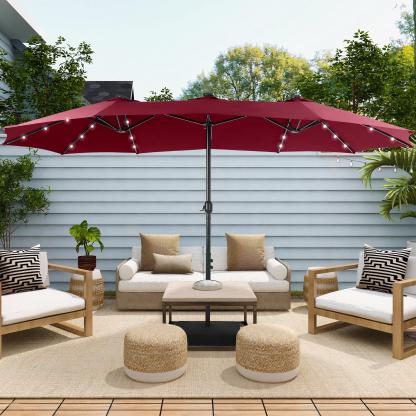 Sombrilla Grande Doble para Exterior 4,6 m con Base, Resistente al Agua, Sistema de Manivela e Iluminación LED, Ideal para Jardín, Terraza, Patio y Piscina