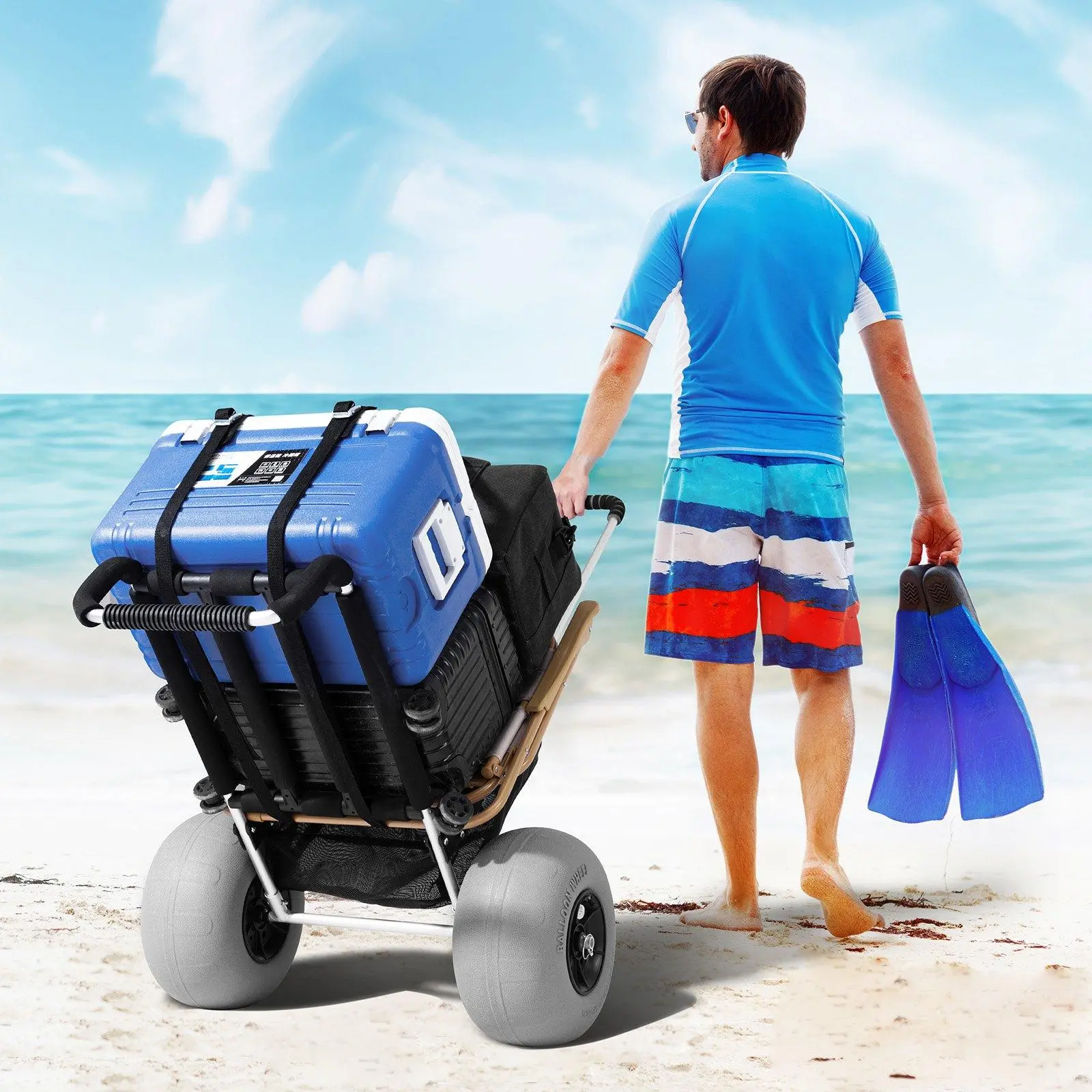 Carrito Plegable de Playa con Ruedas Todo Terreno, Altura Ajustable, Gran Capacidad de Carga para Camping y Vacaciones