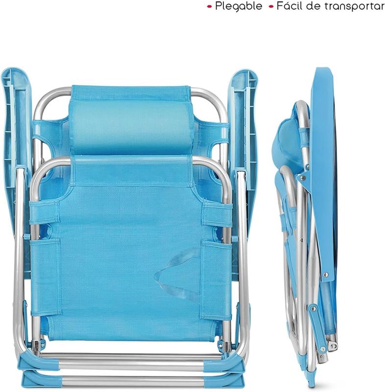 Silla Playa Plegable Aluminio y Tela de Textileno | 48x62x85 cm | Multiposiciones Reclinable | Azul Turquesa | Diseño Arabesque | Refuerzo en Las Patas
