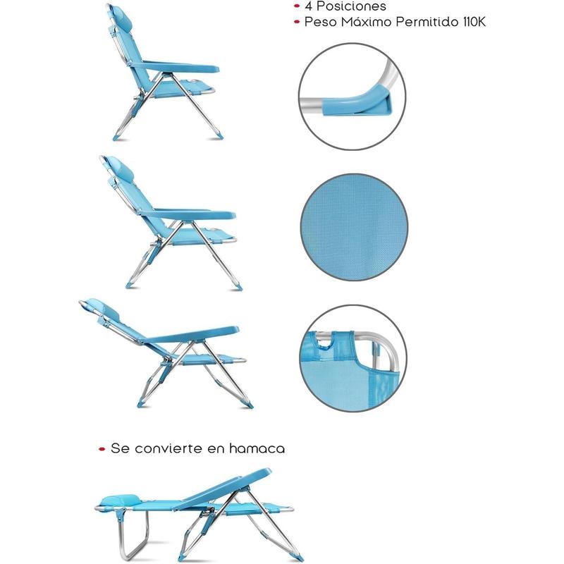 Silla Playa Plegable Aluminio y Tela de Textileno | 48x62x85 cm | Multiposiciones Reclinable | Azul Turquesa | Diseño Arabesque | Refuerzo en Las Patas
