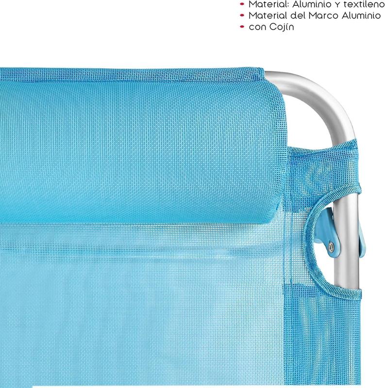 Silla Playa Plegable Aluminio y Tela de Textileno | 48x62x85 cm | Multiposiciones Reclinable | Azul Turquesa | Diseño Arabesque | Refuerzo en Las Patas