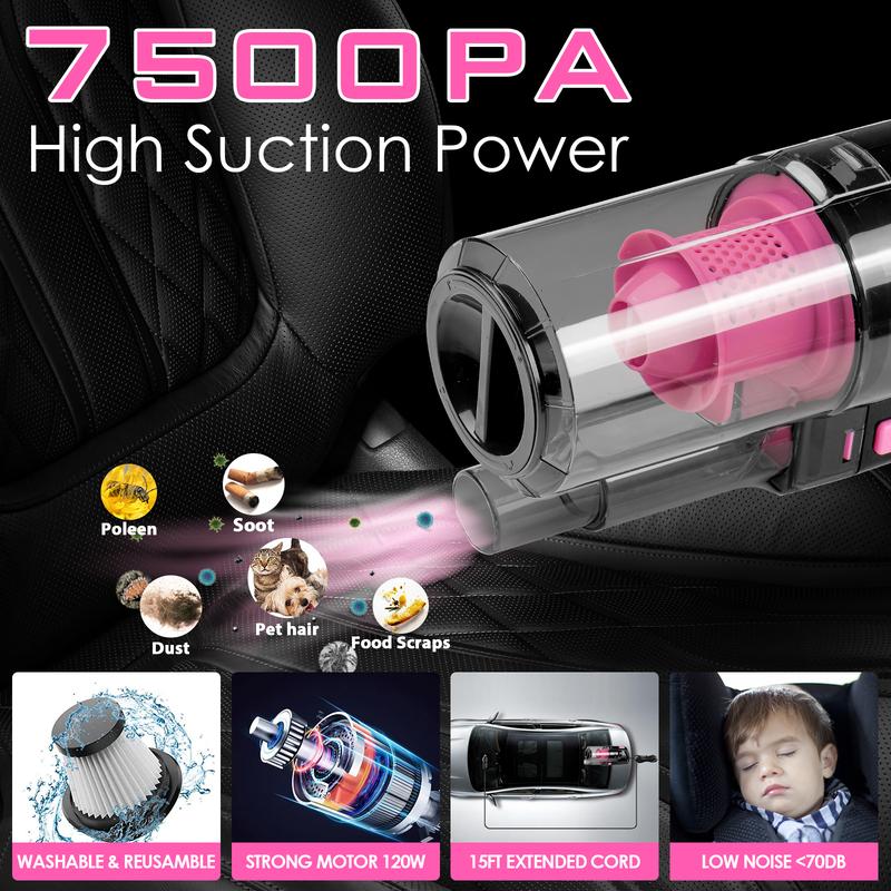 【summerfinds】 Kit de limpieza para coche de 17 piezas, kit rosa para detalles interiores de coche con aspiradora de mano de alta potencia, juego de cepillos de detalle, limpiador de parabrisas, gel de limpieza, accesorios completos para coche, regalo para