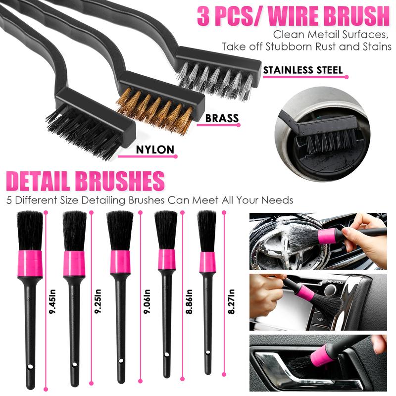 【summerfinds】 Kit de limpieza para coche de 17 piezas, kit rosa para detalles interiores de coche con aspiradora de mano de alta potencia, juego de cepillos de detalle, limpiador de parabrisas, gel de limpieza, accesorios completos para coche, regalo para