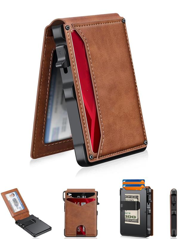 Cartera minimalista delgada para hombre: 9-13 tarjetas, clip para billetes, ventana para identificación. Bloqueo RFID, aluminio plegable.